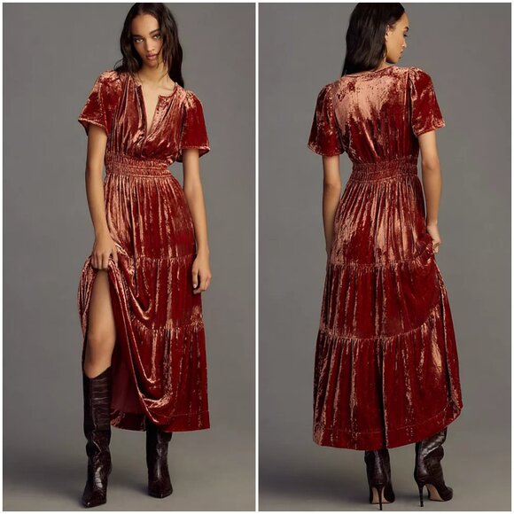 Anthropologie Somerset Velvet Maxi Dress size XS copper orange yellow honey tier - Picture 11 of 11